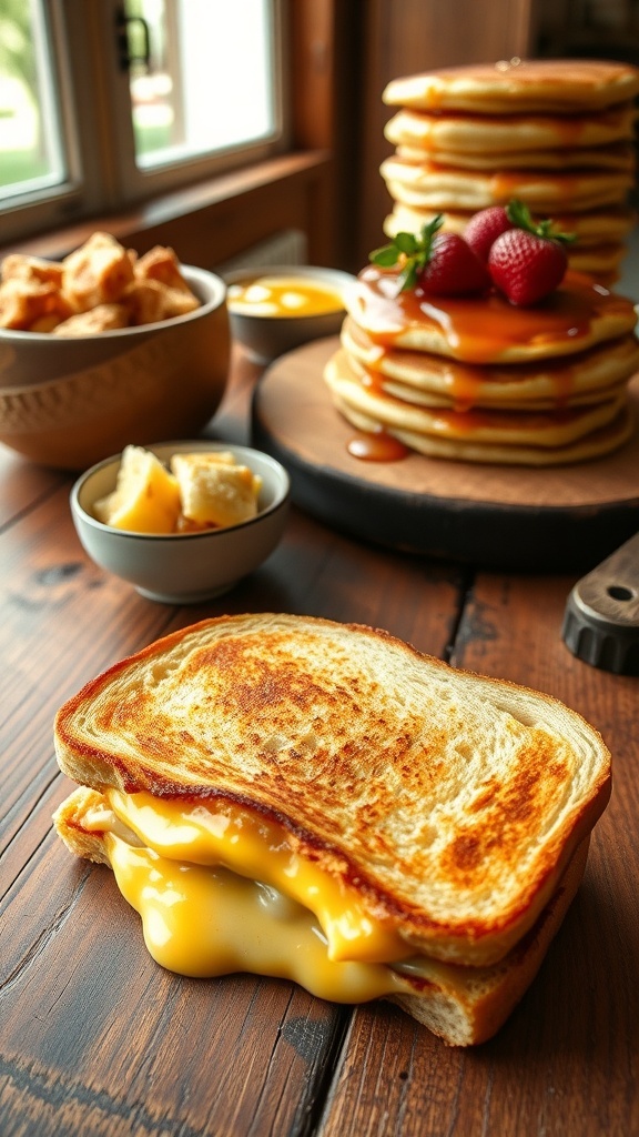 Versatile Sourdough Bread Recipes A collection of sourdough bread dishes including grilled cheese sandwich, croutons, and pancakes on a rustic table.